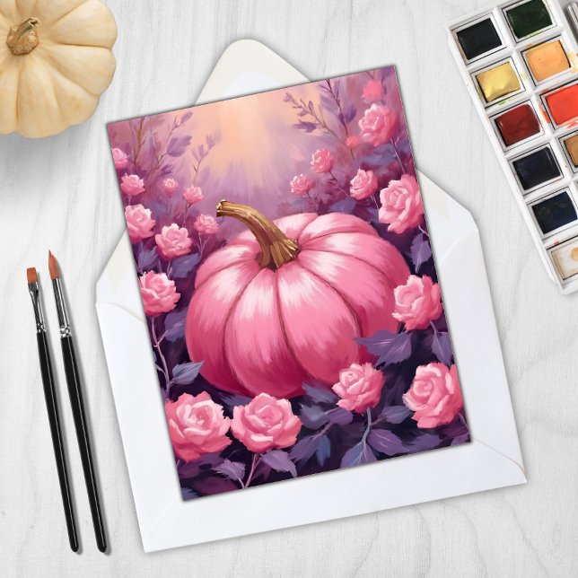 Cartes Pour Fêtes Annuelles Rose florale de citrouille rose Halloween Thanksgi (Créateur téléchargé)