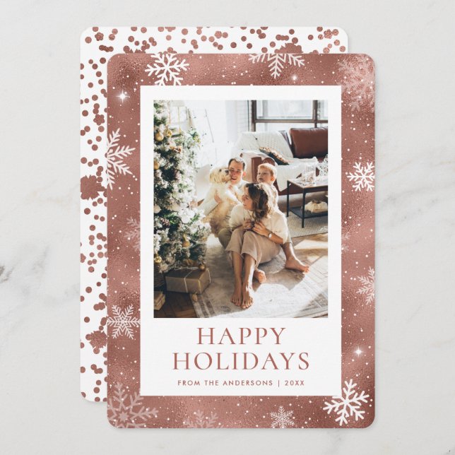 Cartes Pour Fêtes Annuelles Rose Gold Happy Holidays Snowflake Photo Neige (Devant / Derrière)