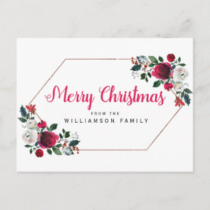 Cartes Pour Fêtes Annuelles Rose Gold Red Floral Personnalisé Joyeux Noël