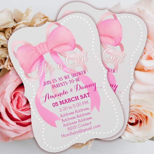 Cartes Pour Fêtes Annuelles  rose Gris Baby shower (Ribbon Baby Shower Invitation Card.)