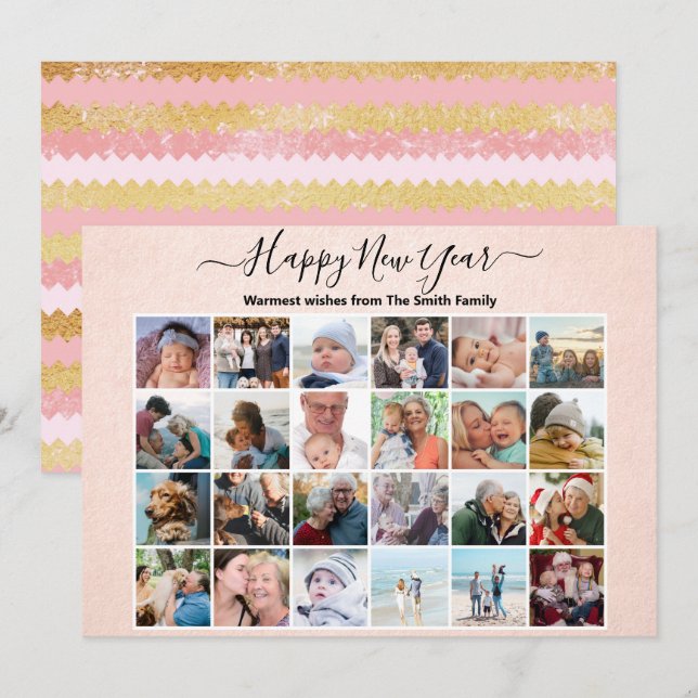 Cartes Pour Fêtes Annuelles Rose moderne Gold Rose élégant Script Photo Collag (Devant / Derrière)