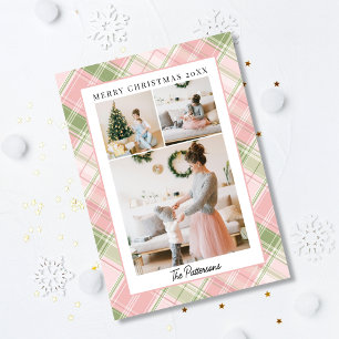 Cartes Pour Fêtes Annuelles Rose Pâle & Vert Sauge à Carreaux 3 Photo Noël