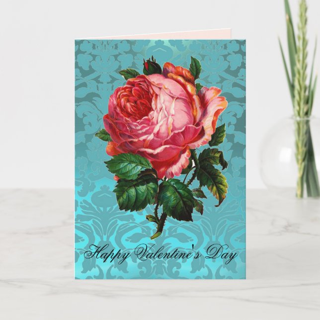 Cartes Pour Fêtes Annuelles ROSE PINK SUR DAMAS BLEU AQUA Saint-Valentin (Devant)