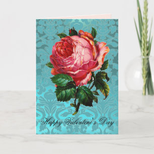 Cartes Pour Fêtes Annuelles ROSE POURPRE SUR DAMASSÉ BLEU AQUA Saint-Valentin