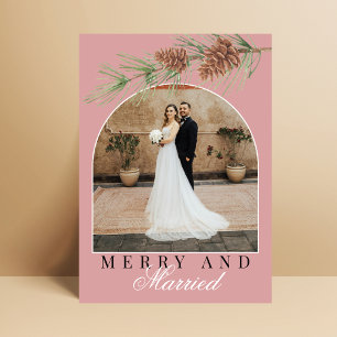 Cartes Pour Fêtes Annuelles Rose Poussiéreuse Pin Noël Photo de Mariés Joyeux