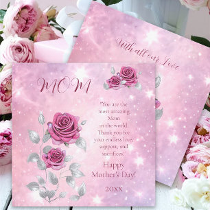 Cartes Pour Fêtes Annuelles Rose Rose Argent Étincelante Joyeuse Fête des Mère