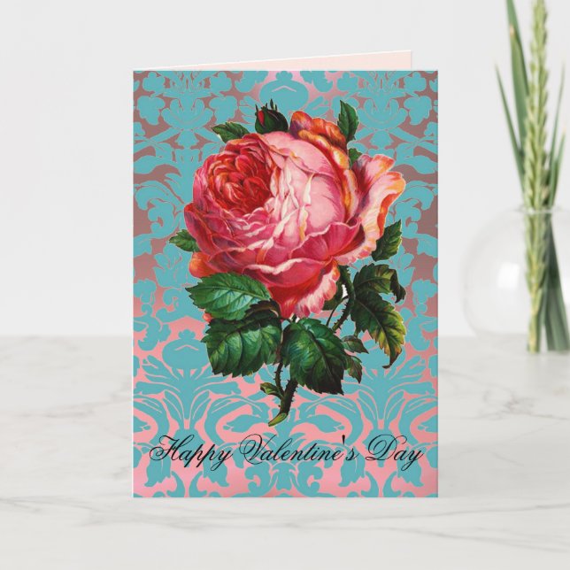 Cartes Pour Fêtes Annuelles ROSE ROSE ROSE ROSE SUR AQUA BLUE DAMASK Saint Val (Devant)