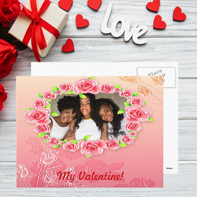 Cartes Pour Fêtes Annuelles Rose Roses My Valentine Ajouter Votre Photo (Pink Roses My Valentine Add Your Photo Holiday Postcard)