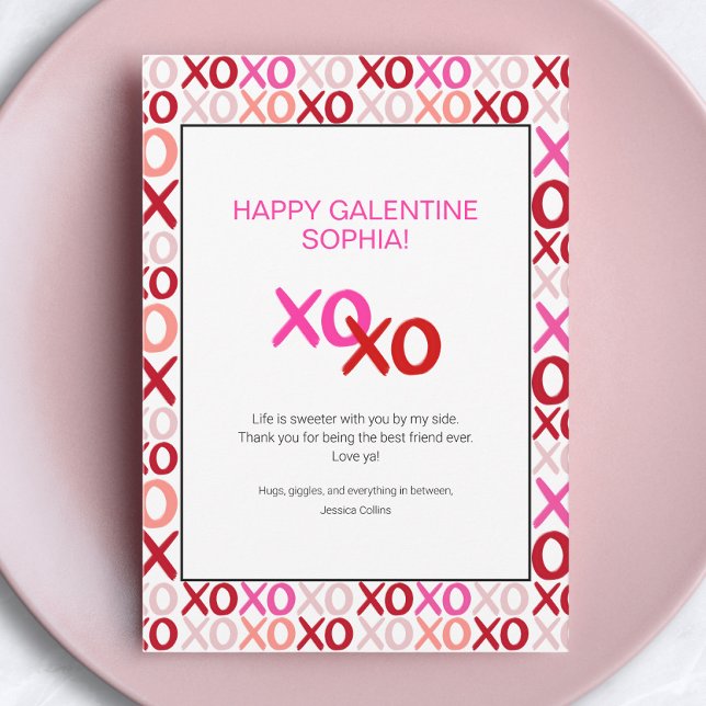 Cartes Pour Fêtes Annuelles Rose Saint-Valentin entre copines XOXO Nom de Meil (Pink Galentine's Day XOXO Modern Best Friend Name Holiday Card)