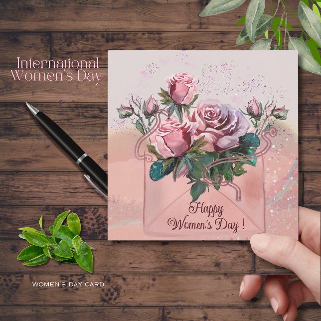 Cartes Pour Fêtes Annuelles Roses roses dans l'enveloppe | Bonne Journée des F (Pink Roses in envelope _ Happy Women's Day Holiday Card )