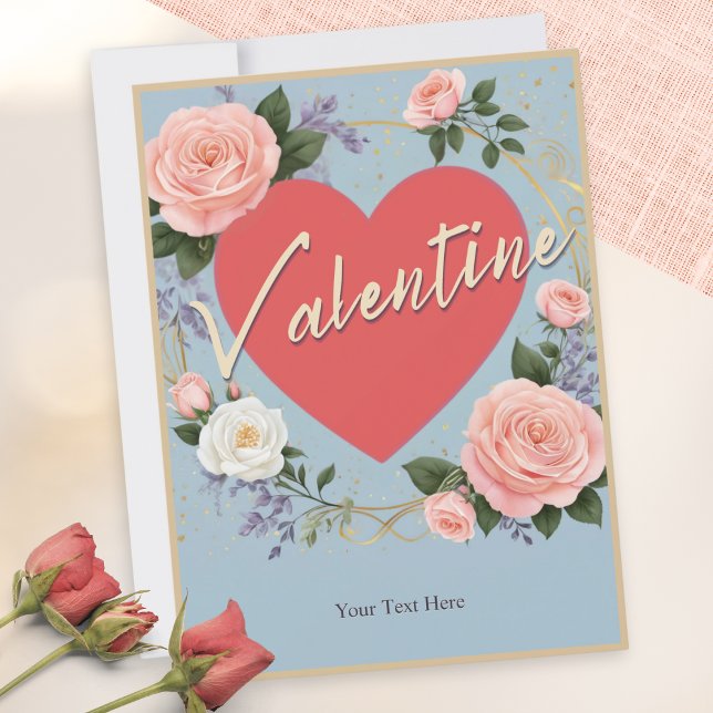 Cartes Pour Fêtes Annuelles Roses roses Romantiques Coeur Saint Valentin (A customizable, vintage-inspired, Valentine's Day card, with a love heart and pink roses)