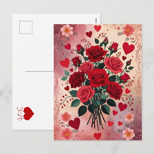 Cartes Pour Fêtes Annuelles Roses rouges, Saint-Valentin, (Devant / Derrière)