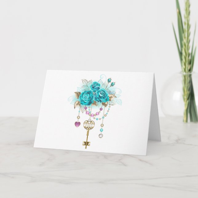 Cartes Pour Fêtes Annuelles Roses turquoise avec touches (Devant)