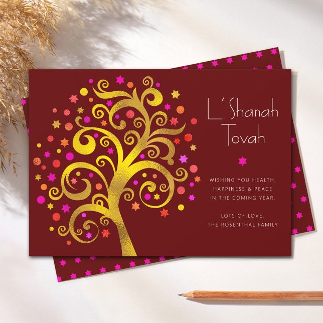 Cartes Pour Fêtes Annuelles Rosh Hashana Or feuille Arbre de Vie Gras Bourgogn (Créateur téléchargé)
