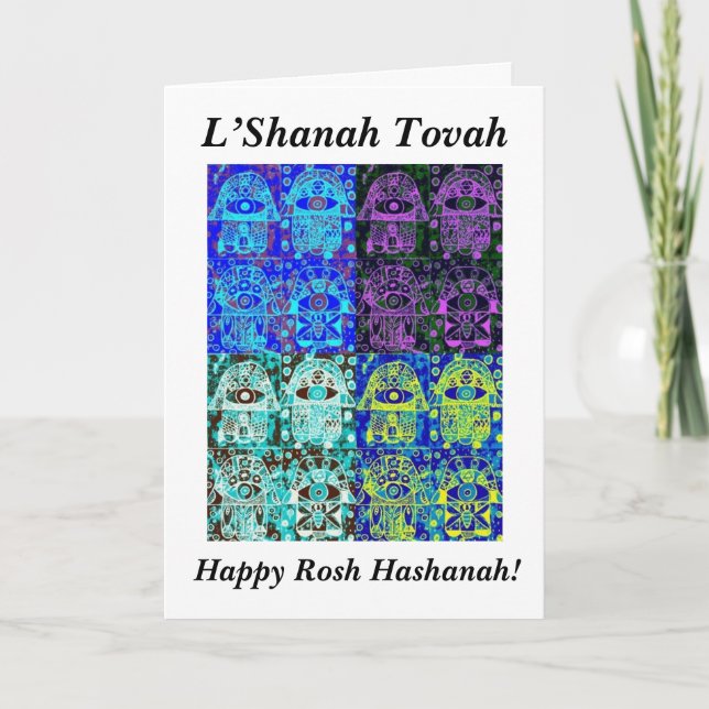 Cartes Pour Fêtes Annuelles Rosh Hashanah : Cru noir et bleu Tapastry de Hamsa (Devant)