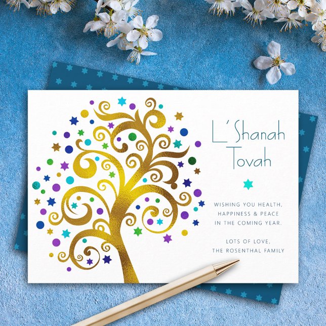 Cartes Pour Fêtes Annuelles Rosh Hashanah Gold et Blue Foil Arbre à vie plat (Créateur téléchargé)