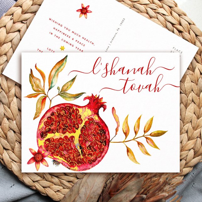 Cartes Pour Fêtes Annuelles Rosh Hashanah Grenade Aquarelle Rouge Or Gras (Créateur téléchargé)