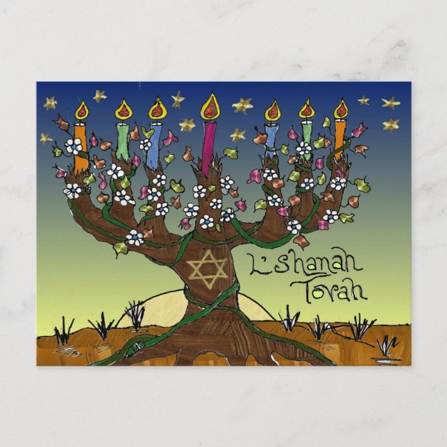 Cartes Pour Fêtes Annuelles Rosh Hashanah L'Shanah Tovah Arbre de Vie Menorah (Devant)