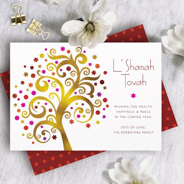 Cartes Pour Fêtes Annuelles Rosh Hashanah moderne Red Gold Foil Arbre de vie (Créateur téléchargé)