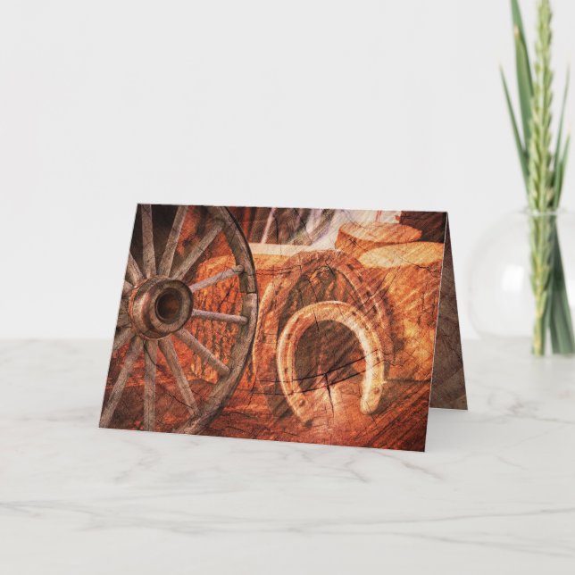 Cartes Pour Fêtes Annuelles Roue Rustique Wagon Horseshoes Western Style Holid (Devant)