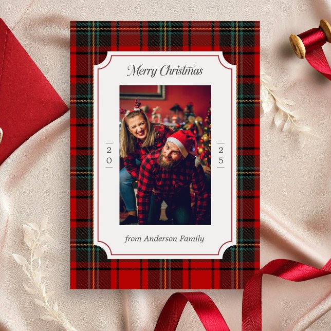 Cartes Pour Fêtes Annuelles Rouge à carreaux Joyeux Noël (Red Plaid Modern Merry Christmas Holiday Card)