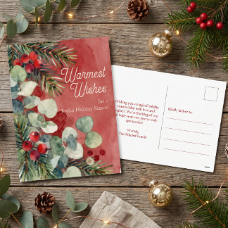 Cartes Pour Fêtes Annuelles Rouge Aquarelle Pin Eucalyptus Noël