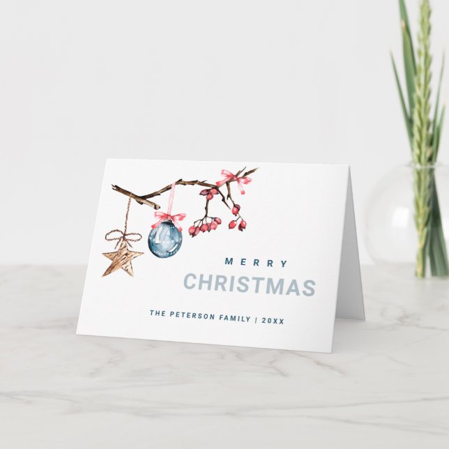 Cartes Pour Fêtes Annuelles Rouge Berry & ornements de Noël Aquarelle (Devant)