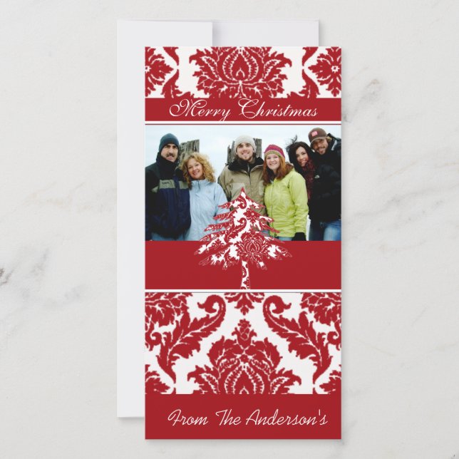 Cartes Pour Fêtes Annuelles Rouge & Blanc Damask Pine Holiday Photos de famill (Devant)