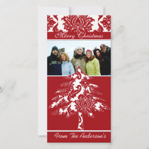 Cartes Pour Fêtes Annuelles Rouge & Blanc Damask Pine Holiday Photos de famill
