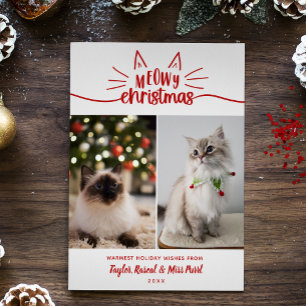 Cartes Pour Fêtes Annuelles Rouge Blanc Meowy Noël 2 Photos de chat Noël