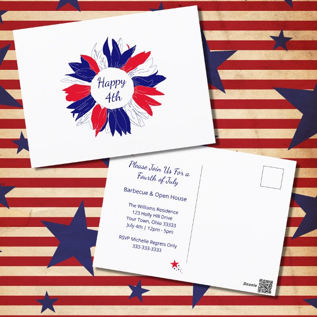 Cartes Pour Fêtes Annuelles Rouge Bleu Patriotique Floral 4 Juillet BBQ (Créateur téléchargé)
