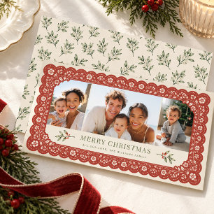 Cartes Pour Fêtes Annuelles Rouge Broderie Florale Multi Photo Famille Noël