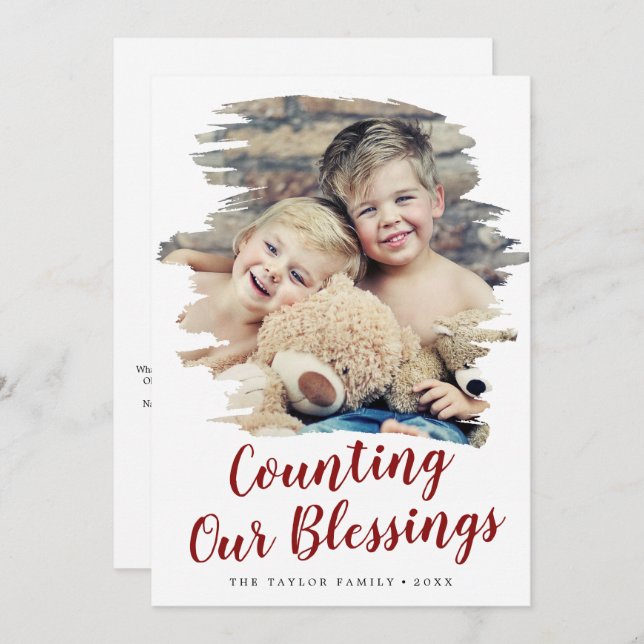 Cartes Pour Fêtes Annuelles Rouge Brossé Compte De Nos Bénédictions Année En R (Devant / Derrière)