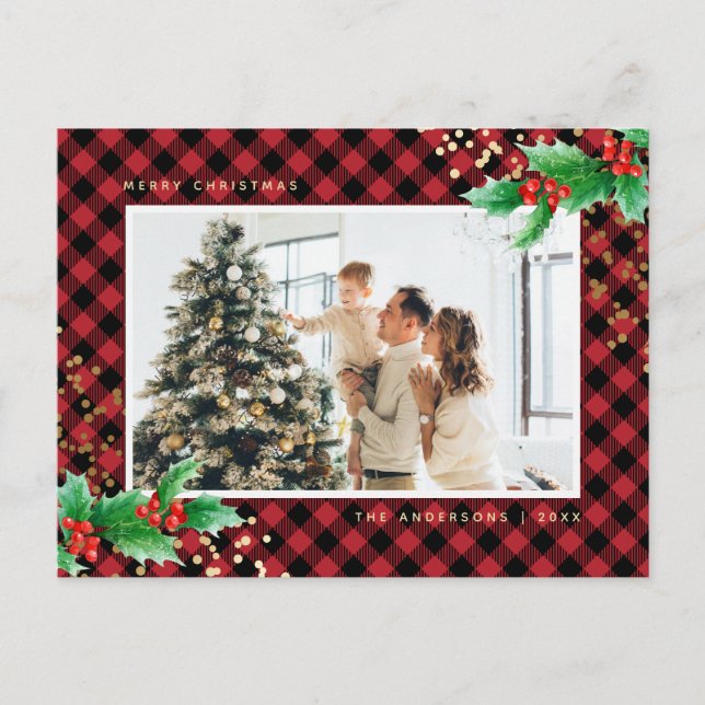 Cartes Pour Fêtes Annuelles Rouge Buffalo Plaid Aquarelle Holly Photo Noël (Devant)
