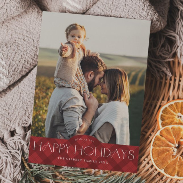 Cartes Pour Fêtes Annuelles Rouge Carreaux Rustique 2 Photo (Rustic red plaid 2 photo holiday cards.)