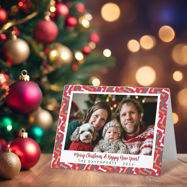 Cartes Pour Fêtes Annuelles Rouge et Turquoise Chien Bones Motif Noël Animaux  (Red & Teal Dog Bones Pattern Christmas Pet Photo Holiday Card)