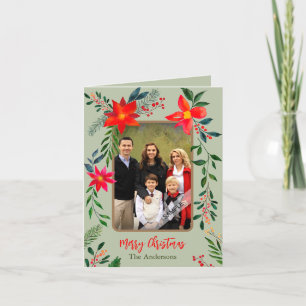 Cartes Pour Fêtes Annuelles Rouge Floral Aquarelle 1 Photo Noël Fêtard