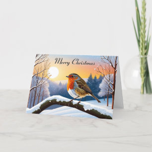 Cartes Pour Fêtes Annuelles Rouge-gorge familier Scène hivernale de neige Joye