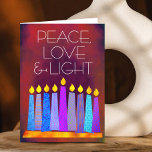 Cartes Pour Fêtes Annuelles Rouge Hanoukka Blue Boho bougies Peace Love Light<br><div class="desc">"Paix, amour et lumière." Une illustration ludique, moderne et artistique de bougies motifs de saumons dans une menorah vous aide à inaugurer les vacances de Hanoukka. Des bougies bleues assorties de motifs de fausse feuille colorés recouvrent un arrière - plan à la texture orange vif et riche. Sentez la chaleur...</div>