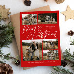 Cartes Pour Fêtes Annuelles Rouge Joyeux Noël Calligraphie Script 5 Photo<br><div class="desc">Red Merry Christmas Calligraphy Script 5 Photo Holiday Card présente un script de calligraphie moderne sur le devant,  ainsi que trois photos,  et un plaid de Noël festif sur le dos.</div>