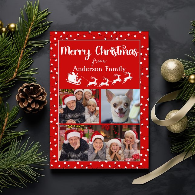 Cartes Pour Fêtes Annuelles Rouge Joyeux Noël Lumières Trois photos Collage (Créateur téléchargé)