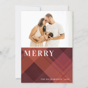 Cartes Pour Fêtes Annuelles Rouge Marron Marsala Carreaux 1 Photo Joyeux Noël