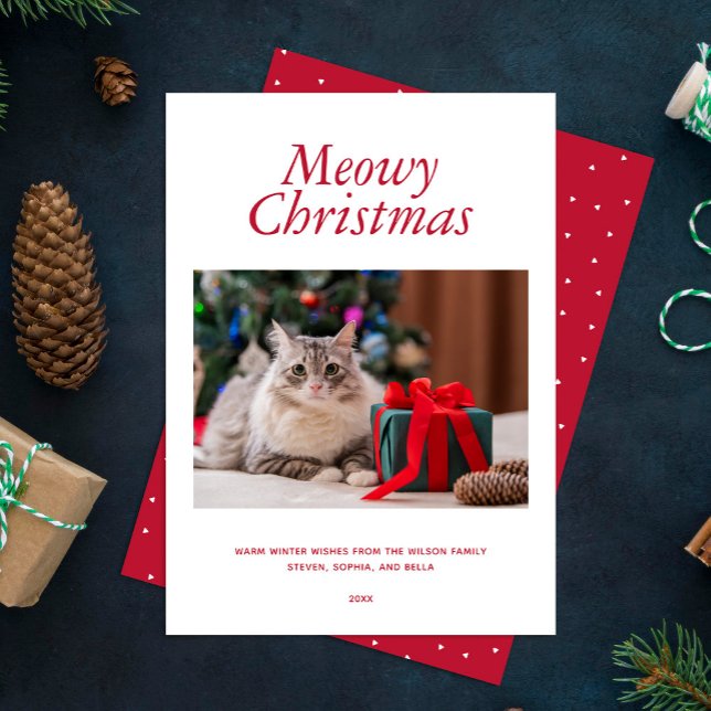 Cartes Pour Fêtes Annuelles Rouge "Meowy Christmas" Photo personnalisée (Créateur téléchargé)