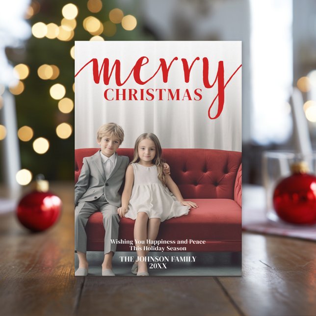 Cartes Pour Fêtes Annuelles Rouge Merry Calligraphie - vertical Photo blanc ty (Custom Holiday Photo Greeting Card)