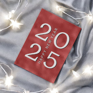 Cartes Pour Fêtes Annuelles Rouge Métallisé Moderne et Joyeuse Année Argentée