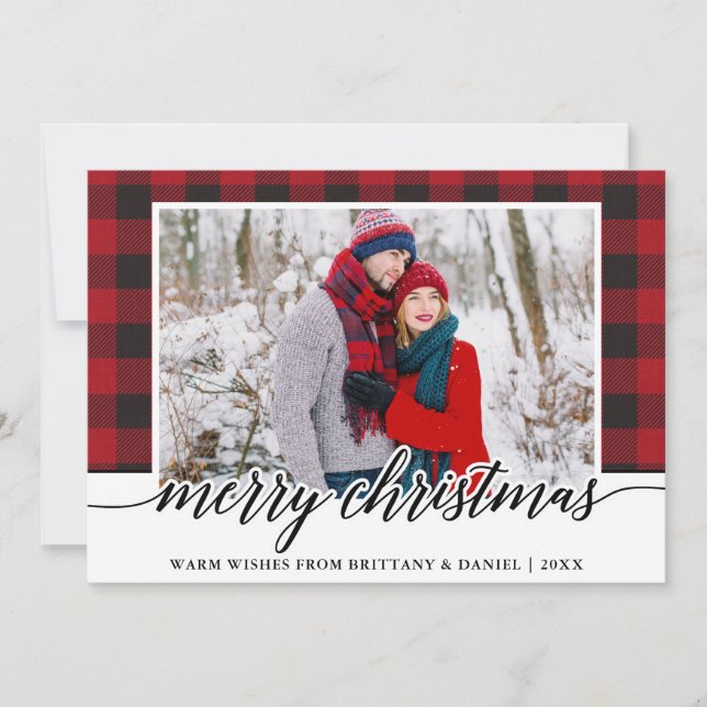 Cartes Pour Fêtes Annuelles Rouge Plaid Calligraphy Couple Joyeux Noël (Devant)