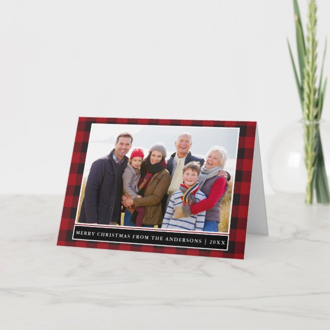 Cartes Pour Fêtes Annuelles Rouge Plaid Family Photo Joyeux Noël Plié (Devant)