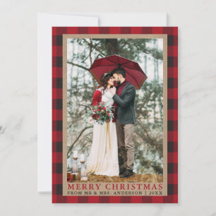 Cartes Pour Fêtes Annuelles Rouge Plaid Mariage photo Joyeux Noël Kraft