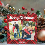 Cartes Pour Fêtes Annuelles Rouge Plaid Tartan Joyeux Noël 2 Photo de famille<br><div class="desc">Un classique motif tartan plaid rouge derrière votre collage photo de famille verticale de vacances pour une carte de Noël joyeuse traditionnelle et festive. Cartes de Noël simples et belles qui comprennent deux photos.</div>