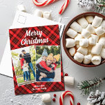 Cartes Pour Fêtes Annuelles Rouge Plaid Tartan Joyeux Noël 2 Photo de famille<br><div class="desc">Un classique motif tartan plaid rouge derrière votre 2 collage photo de famille verticale de vacances pour une carte postale de Noël joyeux et festive. Cartes postales de Noël simples et belles qui comprennent deux photos.</div>